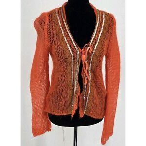 Mohair Cardigan Sweater Orange Thin Lace And Sequins Tie Front Made In Italy